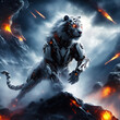 A robotic tiger portrait, sci-fi scene, background is fire, smoke, explosion, lava, black clouds, thunderbolt and lightning, Wall Art for Home Decor