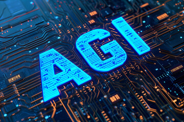 Wall Mural - AGI - artificial general intelligence - word on circuit board with blue and orange glow