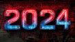 Dramatic neon graphic display reading “2024” - politics - television news - cable news - republican - democrat - bright colors - voting - polls - election coverage 