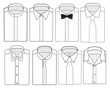 Folded formal shirt flat sketch illustration with front and back view, Band Collar, Round collar and cutaway collar shirt with French placket and hidden placket shirt cad drawing template