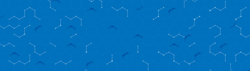 Wall Mural - Abstract background with blue hexagon and light lines futuristic technology. Clean horizontal banner. Vector illustration
