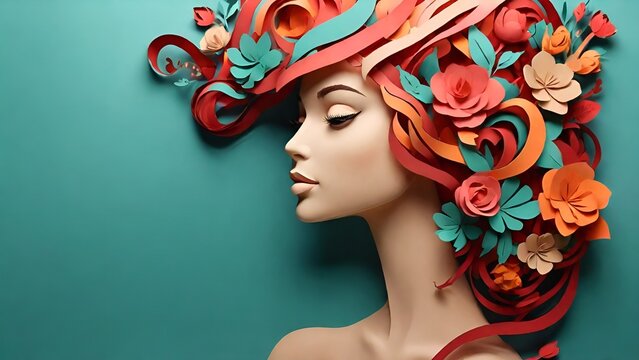 International Women's Day floral decorations with a woman's head in paper art style with a frame of different color flowers on a pastel color background, woman's head paper cut card, AI-generated