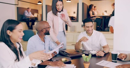 Aufkleber - Business people, meeting at restaurant and happy, talking about project with plan and collaboration. Brainstorming, communication and together at cafe for b2b, diversity and teamwork with remote work