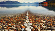 Display an image of pebbles arranged artistically near a lake.