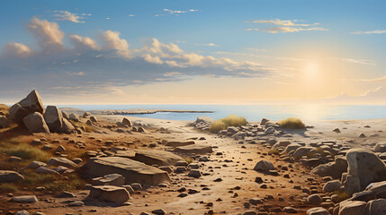 Wall Mural - Display a coastal landscape with stones leading towards a distant horizon.