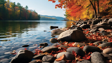Wall Mural - Display a mesmerizing scene of lake stones complemented by autumn leaves.