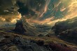 An image showing a desert in the sky, in the style of vibrant fantasy landscapes, photo-realistic landscapes, dark red and dark green, flickr, elaborate artistic environments, celestialpunk, nebulous 