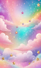 Wall Mural - Rainbow unicorn background. Pastel glitter pink fantasy galaxy. Magic mermaid sky with bokeh. Holographic kawaii abstract space with stars and sparkles. Vector	