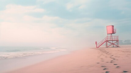 Wall Mural - beauty minimalist beach background with generous copy space, illuminated by the soft and diffused light of a foggy morning, evoking a mysterious and calming feel