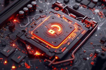 Poster - CPU protection: shimmering lock icon with holographic shield