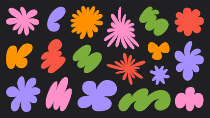 Aufkleber - Abstract set colorful retro groovy shapes on a black background. Vector illustration in style 90s, 00s
