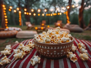 Outdoor movie night on Victoria Day: community park gathering with Canadian films, popcorn, blankets, and stars.