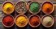 Various Exotic Spices Laid Out in Bowls on a Warm Wooden Surface