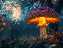 A Whimsical, Oversized Mushroom Glowing Under A Full Moon, With Mythical Creatures Peering From Its Shadows