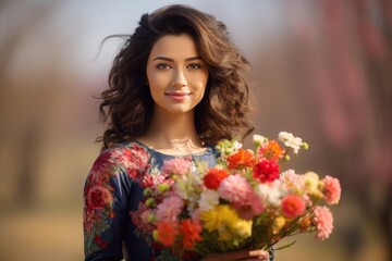 Wall Mural - Kazakh young woman with flowers. 20 year old beautiful girl, close-up portrait.