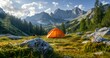 A Mountainous Tourist Camp with a Tranquil Tent Positioned Prominently in the Foreground