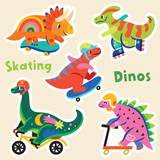 Fototapeta Dinusie - Sticker set with colourful cartoon dinosaurs ride on skates, rollers and bicycle