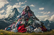 Mountain of Used Clothing stuck against the landscape, fast fashion and over production concept