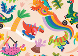 Fototapeta Dinusie - Seamless pattern. Colourful cartoon dinosaurs ride on skates, rollers and bicycle in the park