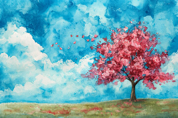 A whimsical watercolor painting of a tree with pink flowers, with a blue sky and white clouds in the background