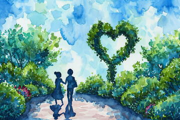Wall Mural - A whimsical watercolor painting of a couple walking in a garden, with a heart-shaped topiary in the background