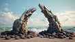 Present a serene beach scene with stones forming a natural arch.