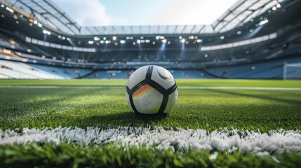 soccer pitch, camera inside the stadium, we can see the grandstands, the premier league official ball, the goal