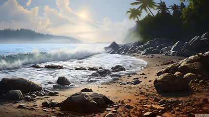 Wall Mural - Present a serene beach scene with stones scattered along the shore.
