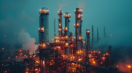 Wall Mural - Illuminated industrial refinery towers at night with atmospheric fog, showcasing complex piping and structural elements in a moody, cinematic setting.