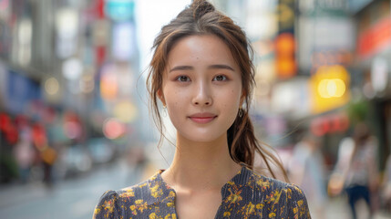 Wall Mural - Portrait of a young woman with a gentle smile, standing amidst an urban backdrop that is out of focus. She has her hair styled up and wears a floral print dress.