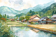 A picturesque watercolor illustration of a Japanese countryside, with a small village and a rice field