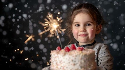 Wall Mural - Young girl celebrating with a sparkler and birthday cake. joyful childhood moments. perfect for family-themed projects. AI