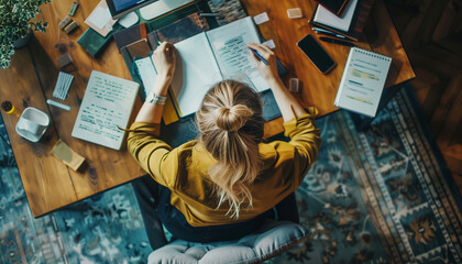 flat lay of a woman studying on the desk