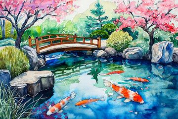 Wall Mural - A beautiful watercolor illustration of a Japanese garden, with a koi pond and a small bridge