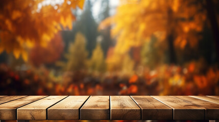 Wall Mural - Empty Rustic Wooden Table for Product Display with Blurred Autumn Forest Background
