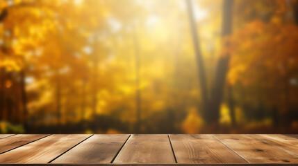 Wall Mural - Empty Rustic Wooden Table for Product Display with Blurred Autumn Forest Background