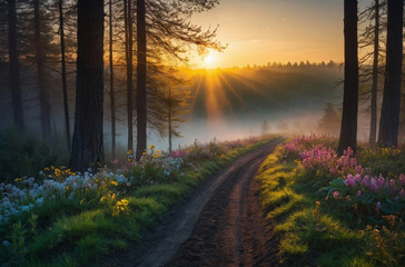 Wall Mural - field and forest of daisies landscape in the summer