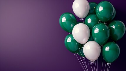 Poster - A lively celebration: white and green helium balloons sparkle on a bright pink background. Suitable for birthdays, New Years, parties, weddings, Valentine's Day and celebration occasions.