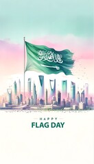 Wall Mural - Watercolor illustration for saudi flag day with city skyline and saudi arabia flag.