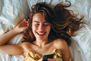 Wall Mural - A beautiful young woman lying in bed laughs looking at her smartphone