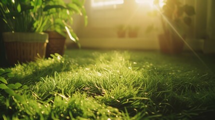 Wall Mural - Green lifestyle. Modern Scandinavian minimalist interior overgrown with grass and flowers. Sunlight from the window. A harmonious room with grass, flowers and plants inside.