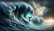 The image captures a surfer riding an immense,spiraling wave that mimics the surreal form of a cloud,set against a dramatic sky with the sun piercing through.Artistic representation of sport.AI genera