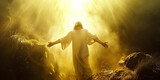 Fototapeta Niebo - The resurrected Jesus Christ standing in rays of light falling from heaven.