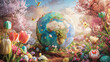 A beautiful world globe at the center of a lush, blooming garden representing the entire planet in the full embrace of spring. Surrounding the globe are symbols of spring flower from around the world.
