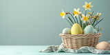 Fototapeta Niebo - Woven wicker basket with colorful easter eggs, daffodils on table, plain pastel background.