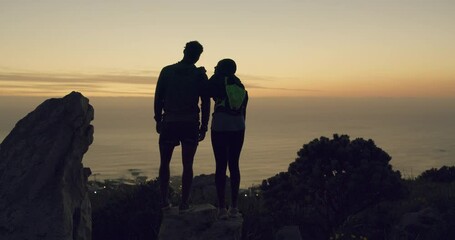 Sticker - Couple, silhouette and hiking on mountain in nature, view and travel for sunset in climbing adventure. Man, woman and excited in trekking by rock cliff, environment and outdoor wellness by exercise