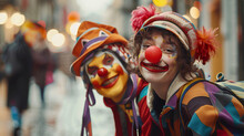 April Fools' Day. Two Street Performers In Funny Costumes And Clown Noses ,Happy Clown Decorative Elements