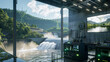 Hydroelectric dam, set in a mountain landscape, where water flows through turbines. The dam is integrated with AI technology to make the potential on hydroelectric power, a sustainable energy future.