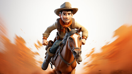 Wall Mural - 3D cowboy in uniform with hat riding a horse isolated in white background