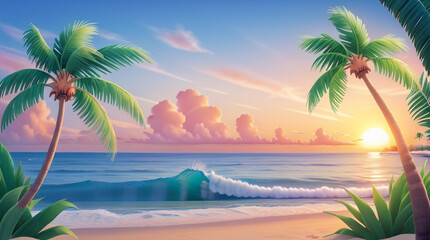 Wall Mural - beach and sunset background in fairy tale style